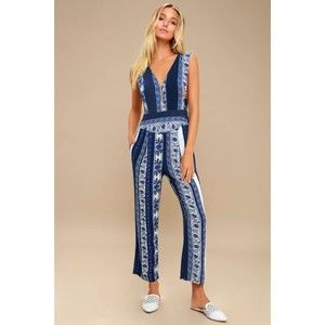 Free People All Shook Up Blue Print Sleeveless Blue Jumpsuit Size 6